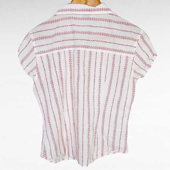 VINTAGE | CLIO White & Red Western Tribal Stripe Cap Sleeve Button Down Shirt - Picture 6 of 7